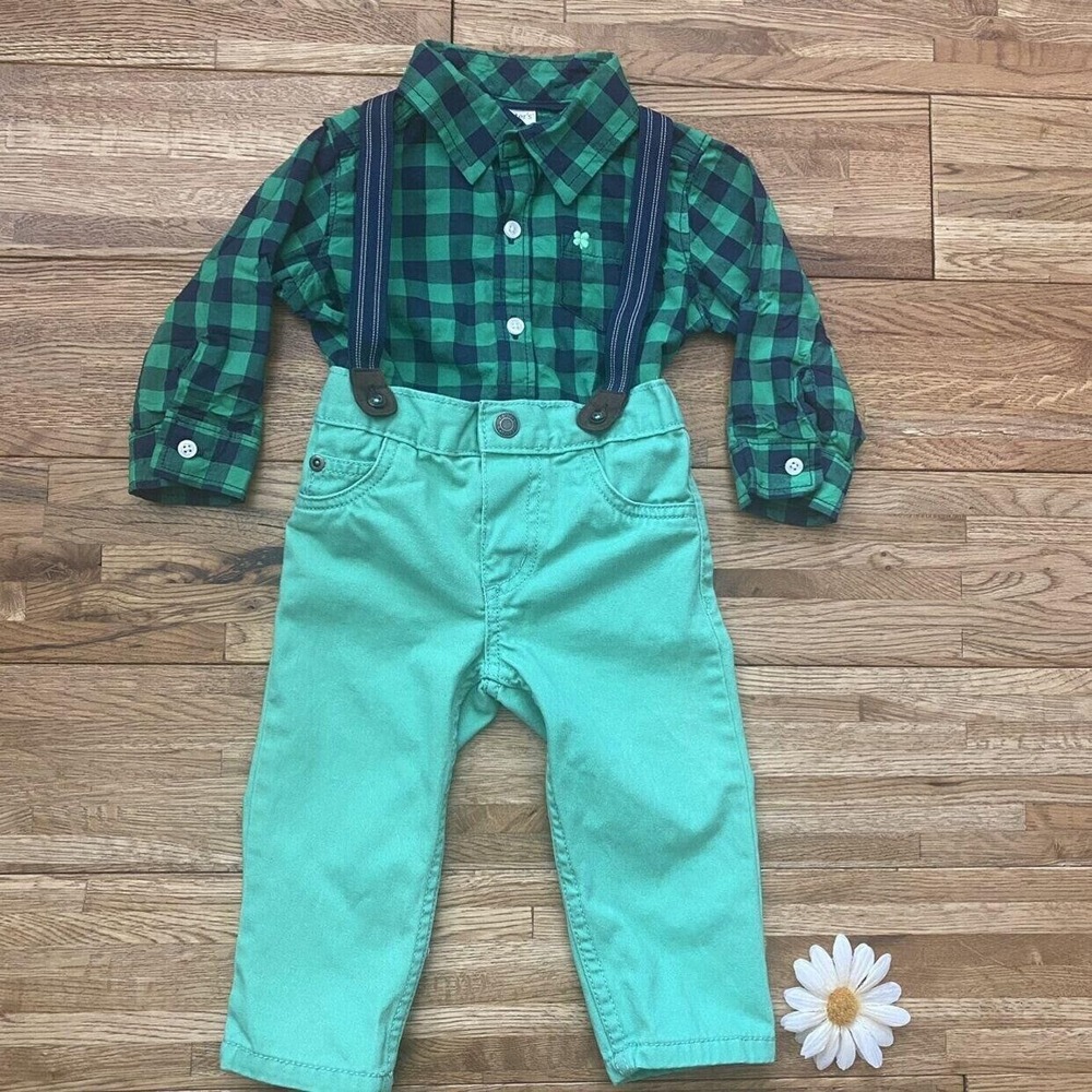 Carter's Plaid St. Patrick's Day Suspenders Outfit Size 12 Mo‎